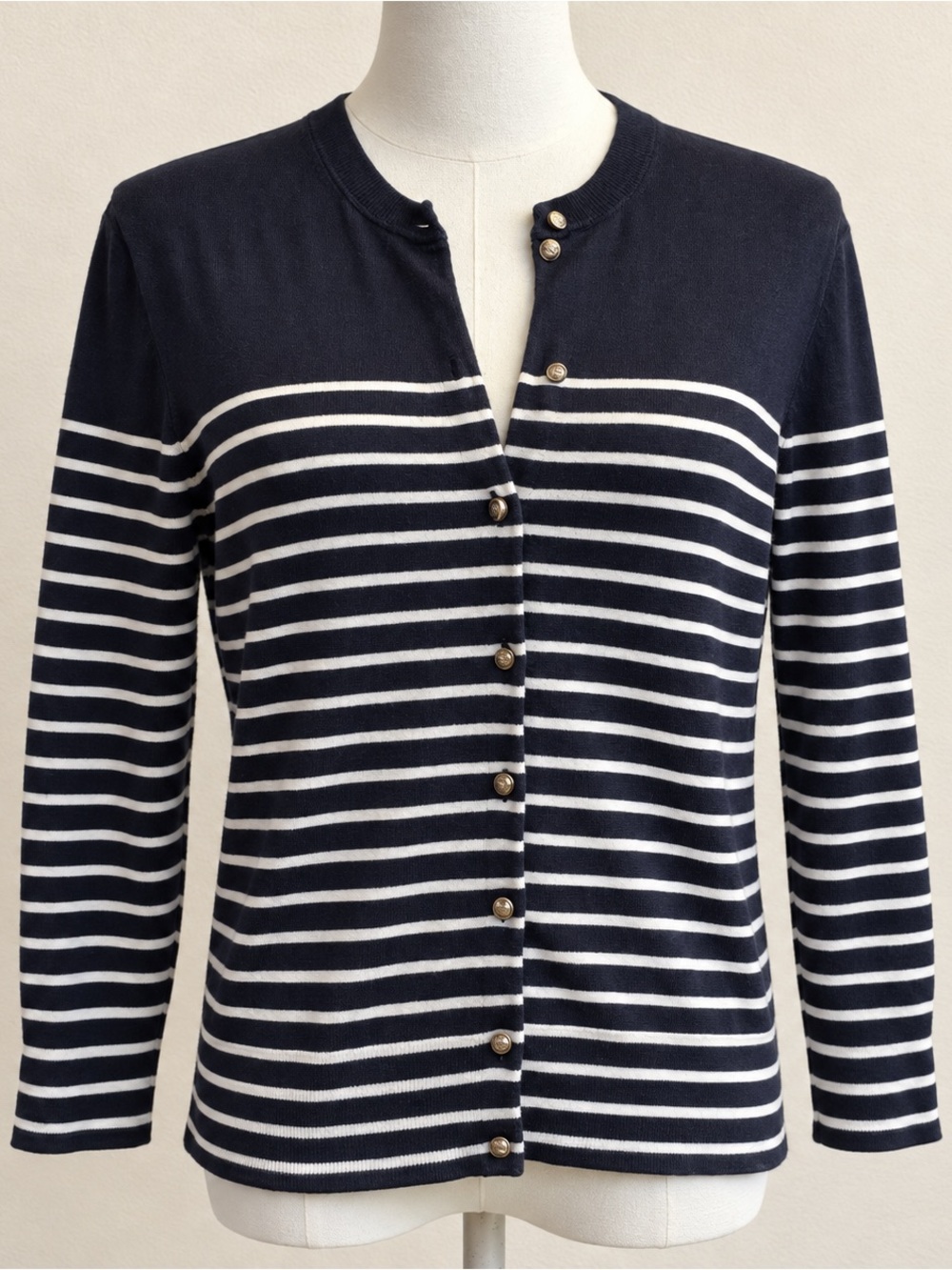 J.Crew Navy Stripe Gold Anchor Button Cardigan M